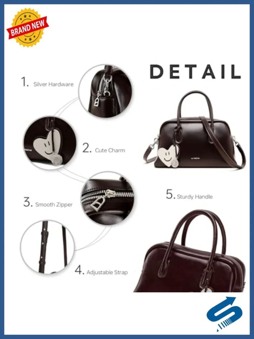 Genuine Leather Top Handle Purse Women Crossbody Shoulder Bag Detachable Strap